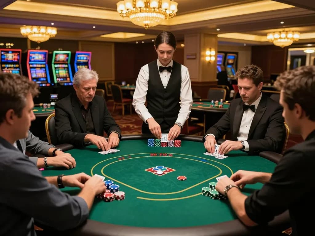 GO8 players engaged in a high-stakes poker game with vibrant chips and strategic moves.