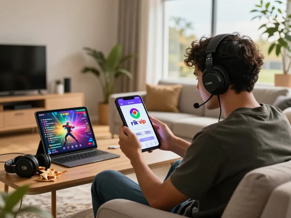 Engaged player enjoying the rik vip gaming app in a vibrant living room.