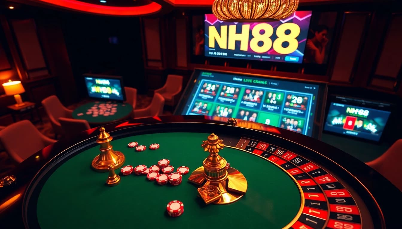 Experience NH88’s exciting casino atmosphere with a roulette table and vibrant poker chips.