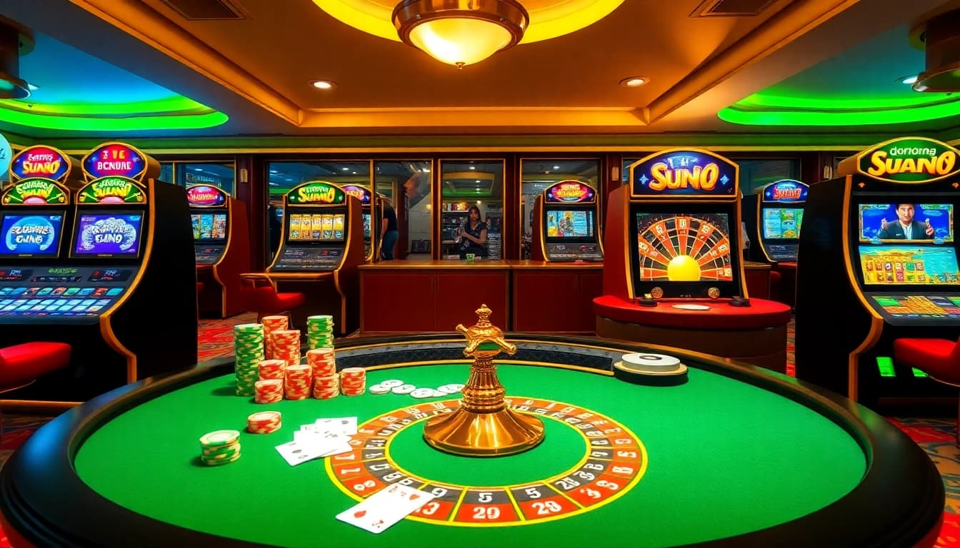 Experience the excitement of sun88 win at a luxurious casino table with vibrant slot machines and poker chips.