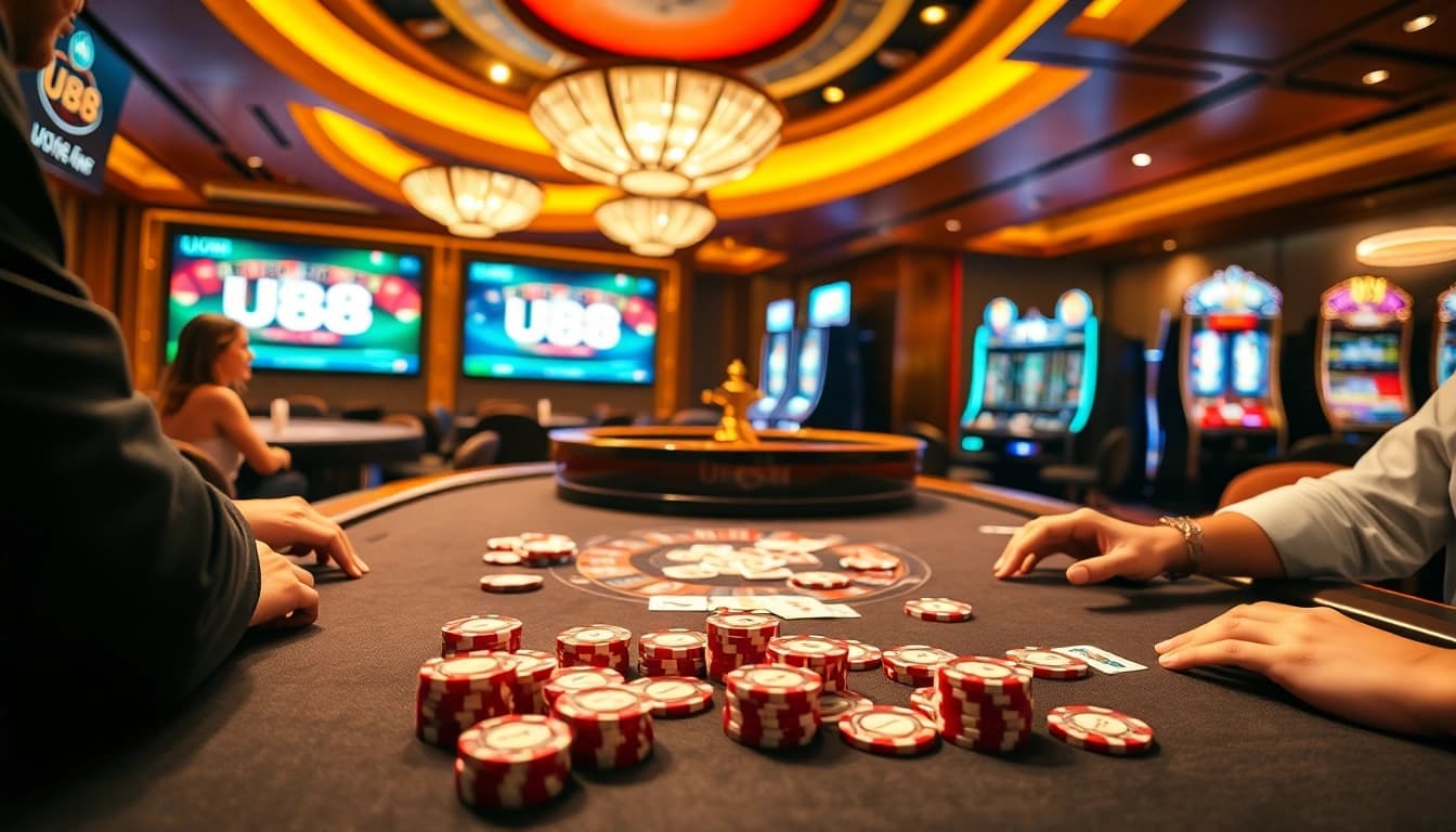 Players at a high-stakes poker table enjoying UU88 with vibrant chips and cards.