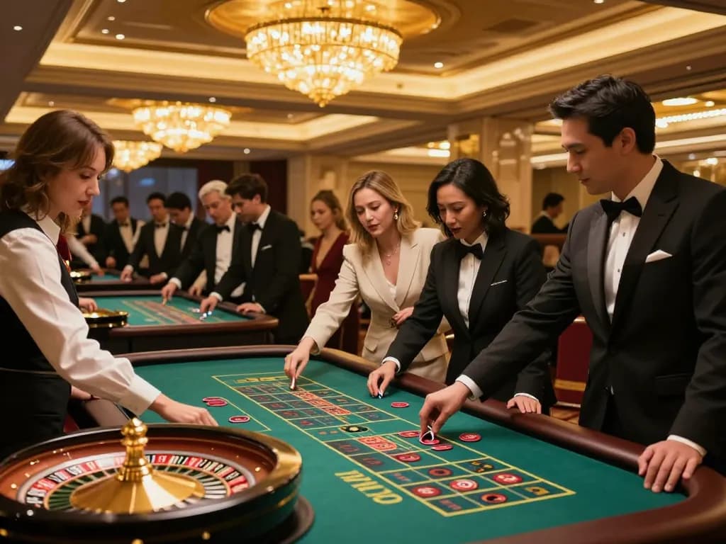 Fun79 INK players engage in exciting roulette gameplay at a luxurious casino.