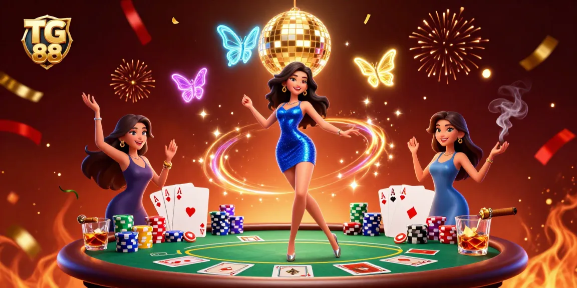 Experience exciting gaming action with TG 88 in this vibrant and colorful casino scene.