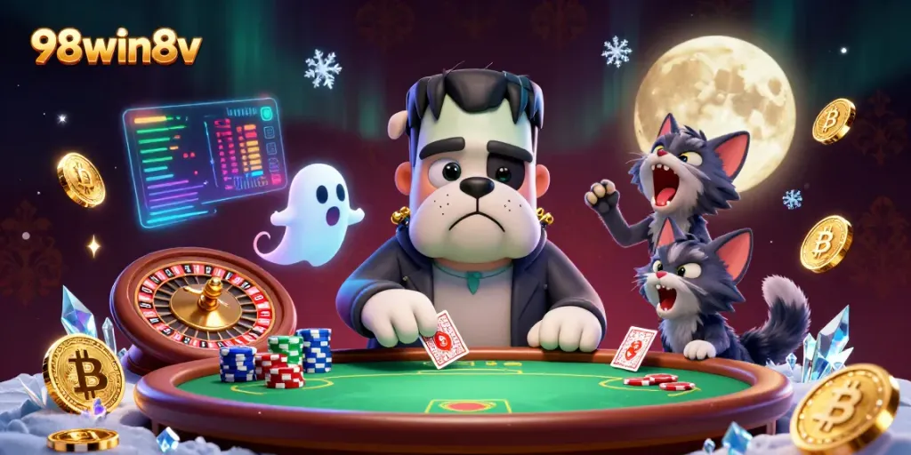 Engage with the thrilling scene featuring 98win8v, where a Frankenstein bulldog deals cards at a lively casino table.