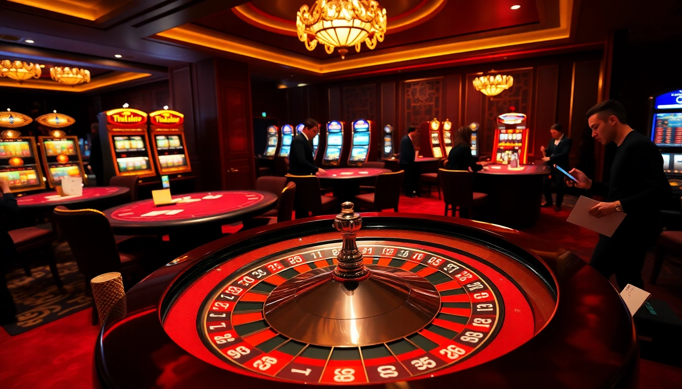 Players enjoying a thrilling gambling experience at THABET casino tables with poker chips and roulette wheels.
