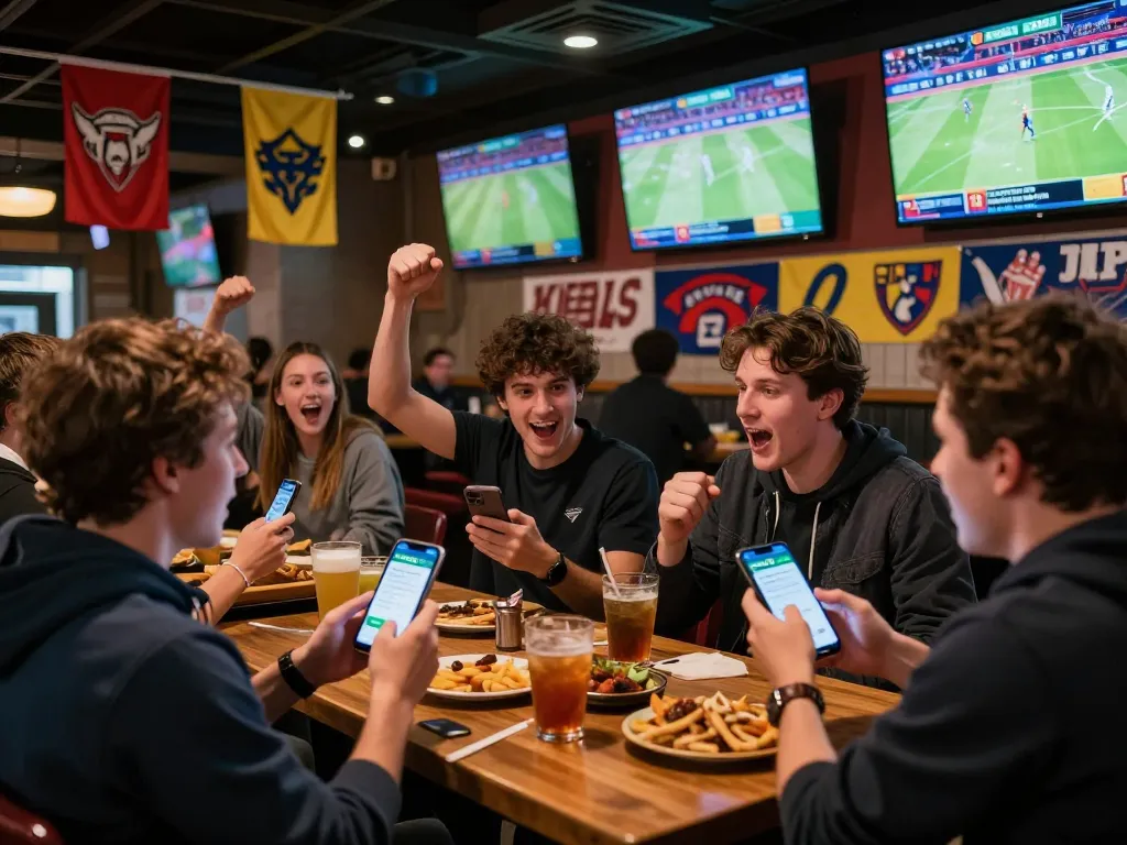 Socolive app users cheering for their teams while placing bets in a vibrant sports bar atmosphere.
