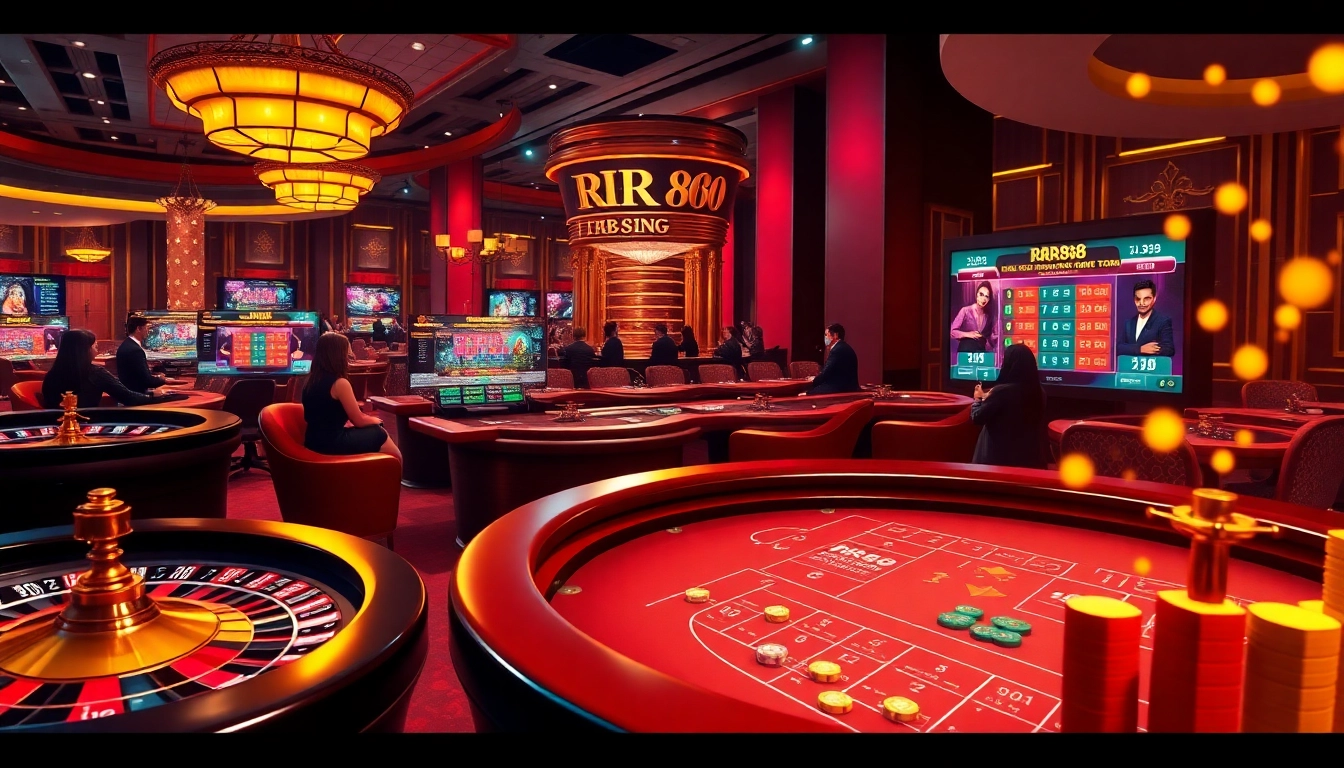 RR88 casino scene with roulette wheel and colorful poker chips, showcasing excitement and luxury.