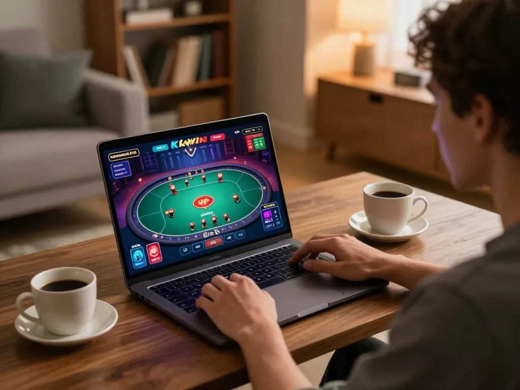 Player enjoying online gambling with KKwin interface displayed on laptop, in a cozy home setting.