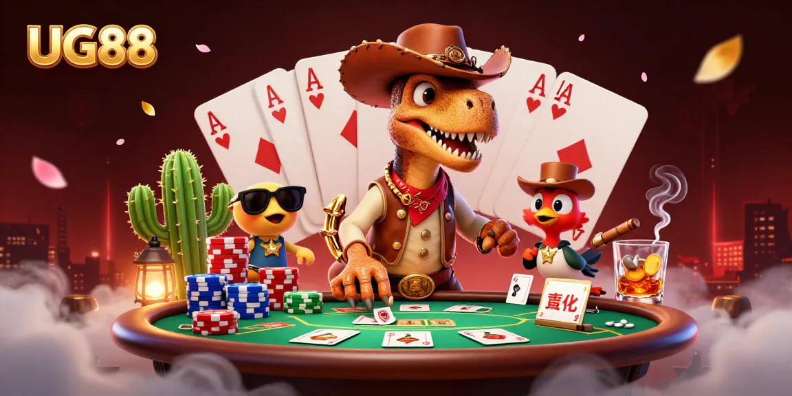 Engage in thrilling gameplay at UG88 with a T-Rex and friends at the poker table!
