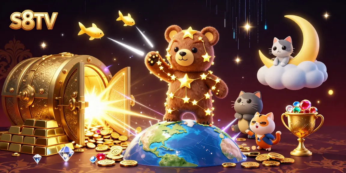 Scoop up winnings with S8TV's thrilling casino experience amidst a treasure-themed 3D scene.