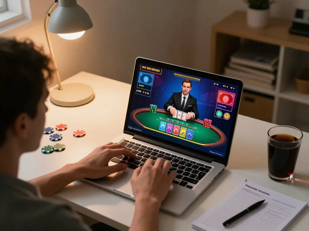 Engaging online gaming session with vua99 laptop showing live dealer blackjack, emphasizing strategic play.