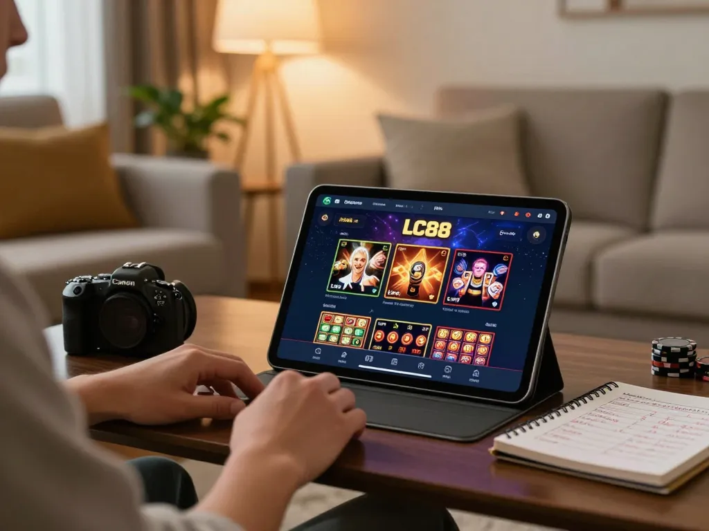 Player engaging with the lc88 casino app on a tablet in a cozy home setting, showcasing responsible gaming.