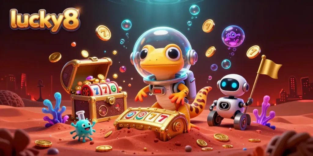 Experience lucky8's thrilling jackpot with a vibrant Martian scene featuring slot reels and gold coins.