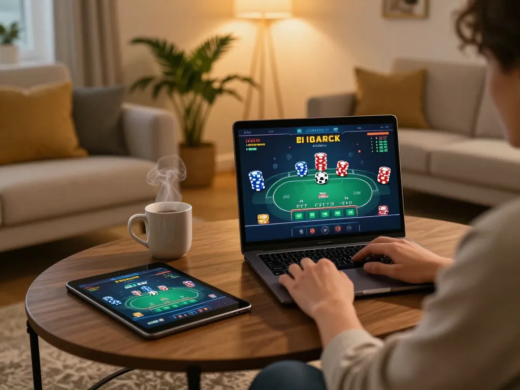 Person enjoying JUN88 online casino gaming from the comfort of their home setup.