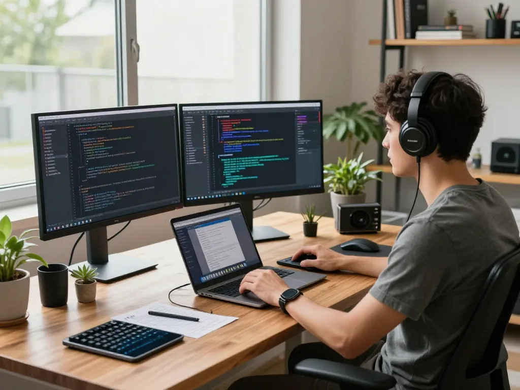 MoltBot AI assistant streamlining a developer's tasks at a modern workspace with multiple screens, gadgets, and a relaxed atmosphere.