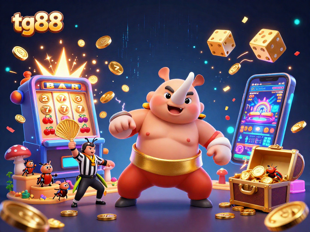 Experience excitement with tg88 as a sumo beetle champion surrounded by slot machine jackpots.