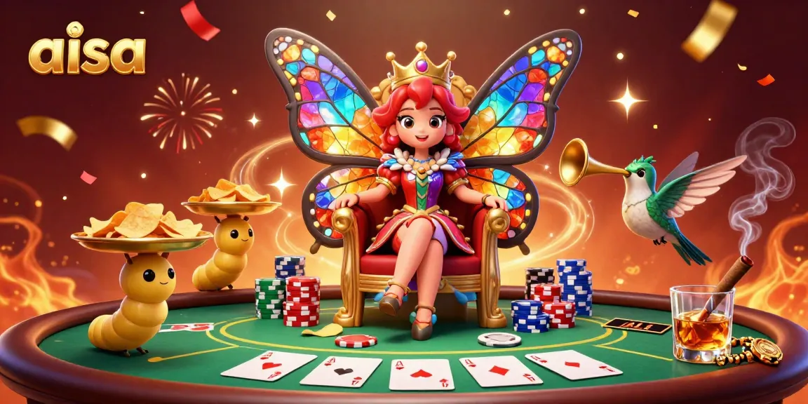 Aisa-themed casino illustration featuring a butterfly queen with poker elements, showcasing a vibrant gaming scene.