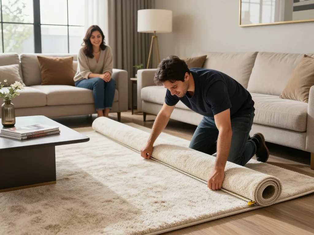 Home carpet fitting services in progress with a professional installing plush carpet in a stylish living room.