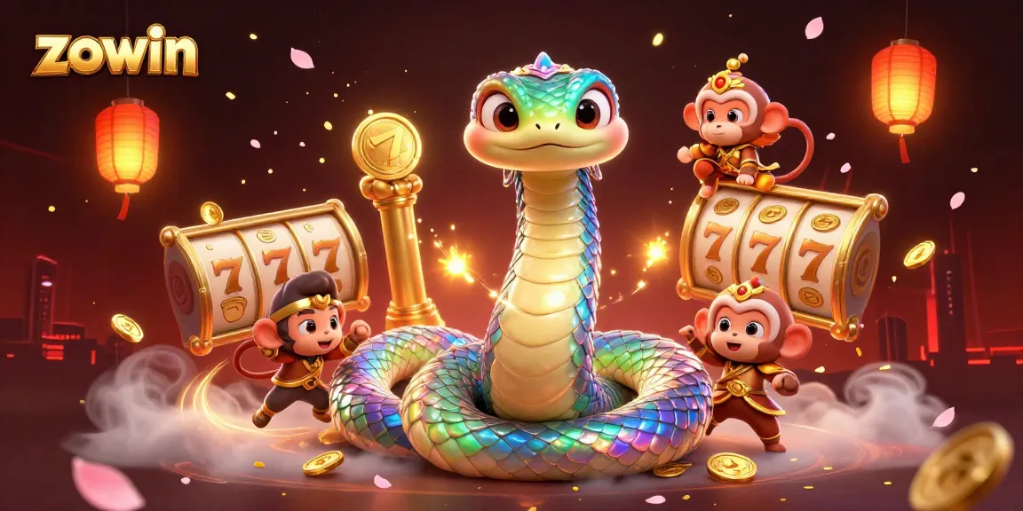Zowin's vibrant casino atmosphere showcases slot reels and a playful monkey king amidst festive elements.