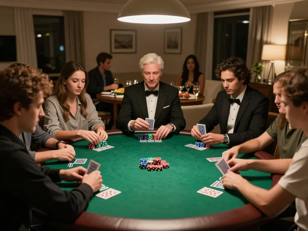 Players strategizing at a private poker game, showcasing engaged expressions and colorful chips, https://9bet.works/ highlights home gambling dynamics.
