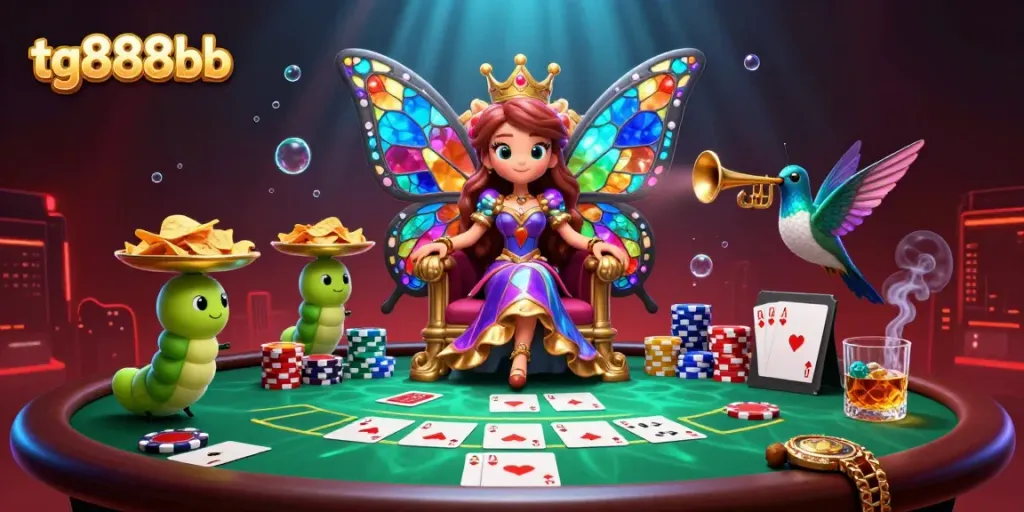 Engage with tg888bb's vibrant casino world featuring a butterfly queen, poker chips, and glowing effects.
