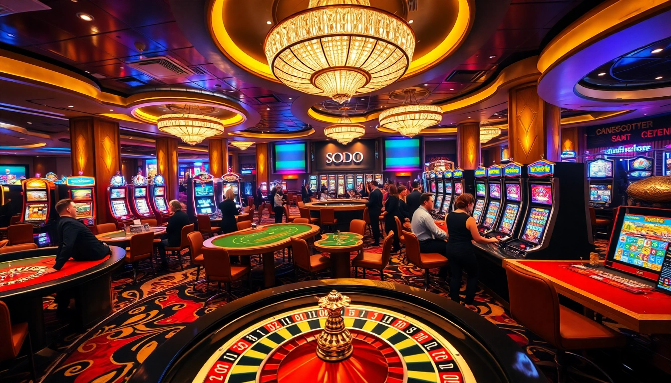 SODO casino scene showcasing vibrant gaming elements and luxurious patrons engaged in gambling.