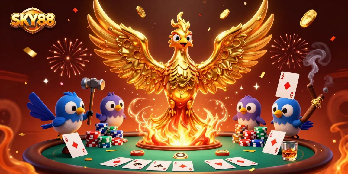 Engage with SKY88 in this vibrant scene featuring a molten phoenix and exciting casino elements.