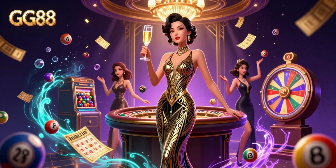 Experience GG88's vibrant casino atmosphere with elegant players and thrilling game elements.