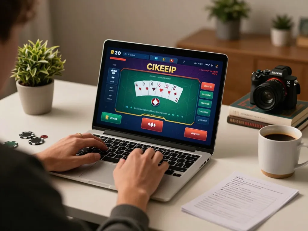 68WIN player engaging with exciting online poker game on stylish laptop interface