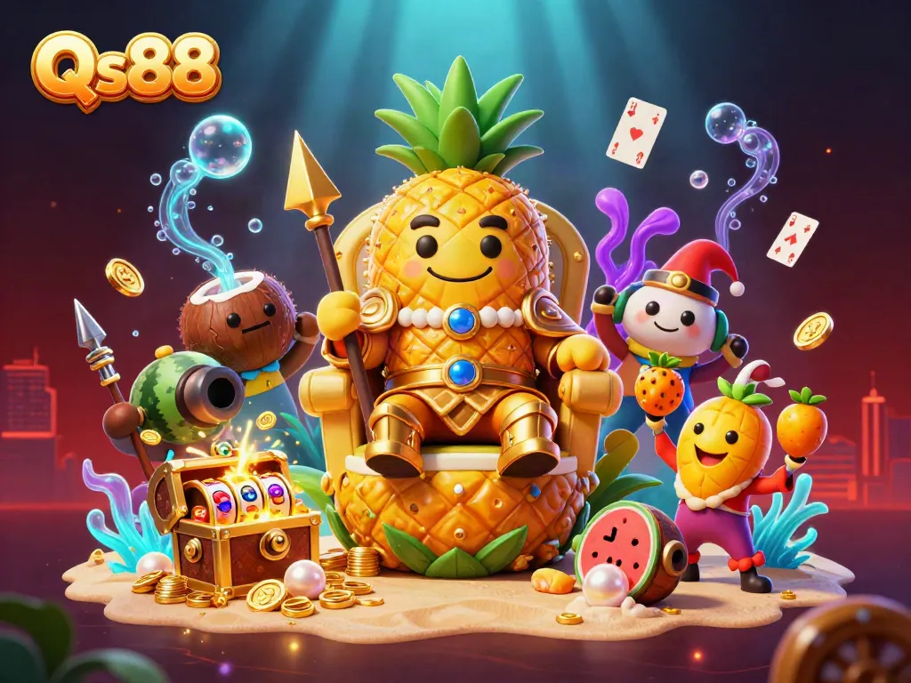 Experience the dynamic world of Qs88 with a vibrant casino scene featuring a pineapple king and exciting game elements.