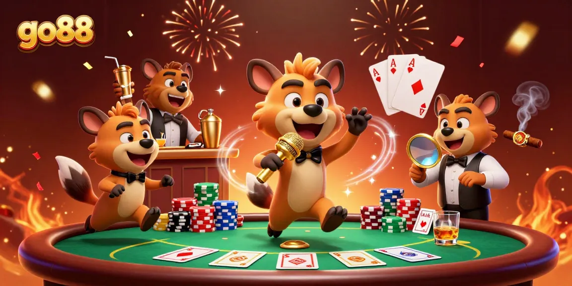 Join the fun at go88's comedy casino with hyenas and lively game elements.