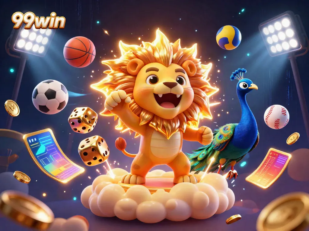 Experience the thrill of 99win with a roaring sun lion, golden dice, and dynamic sports elements.