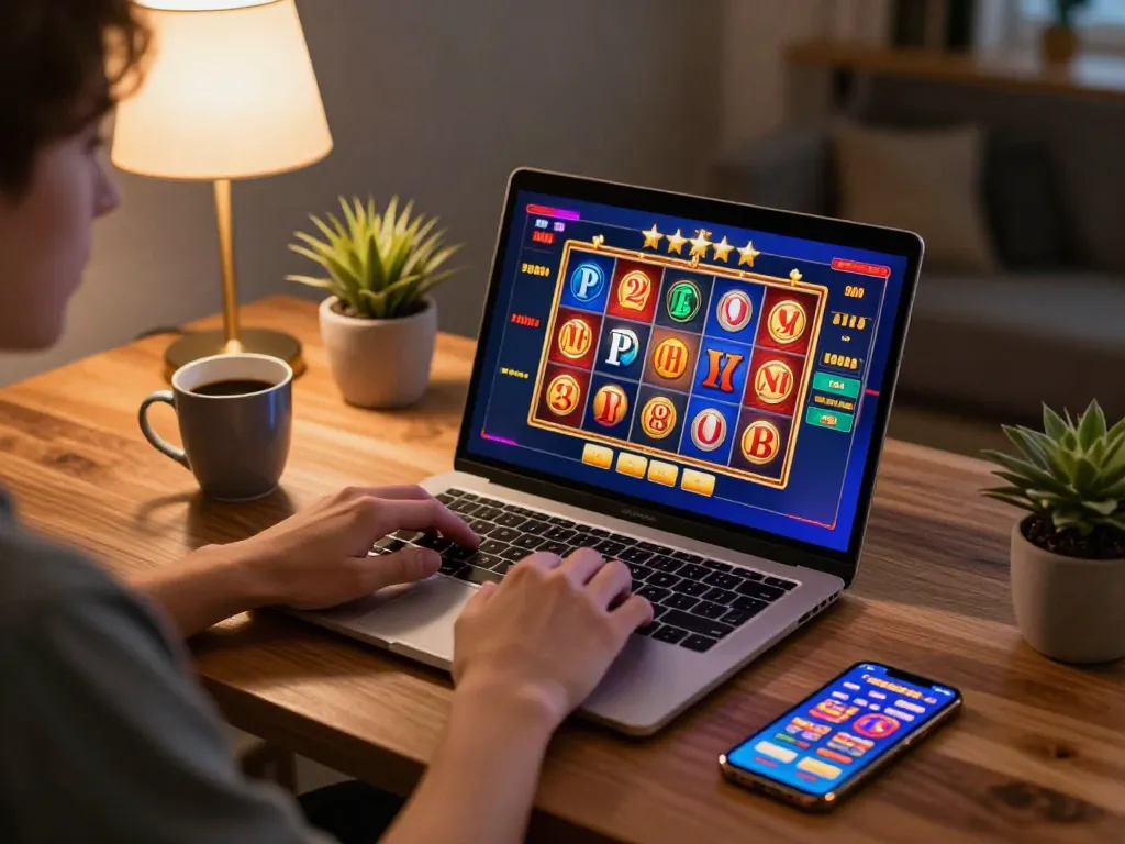 Player engaging in thrilling online casino action at hay88x on a stylish wooden desk.