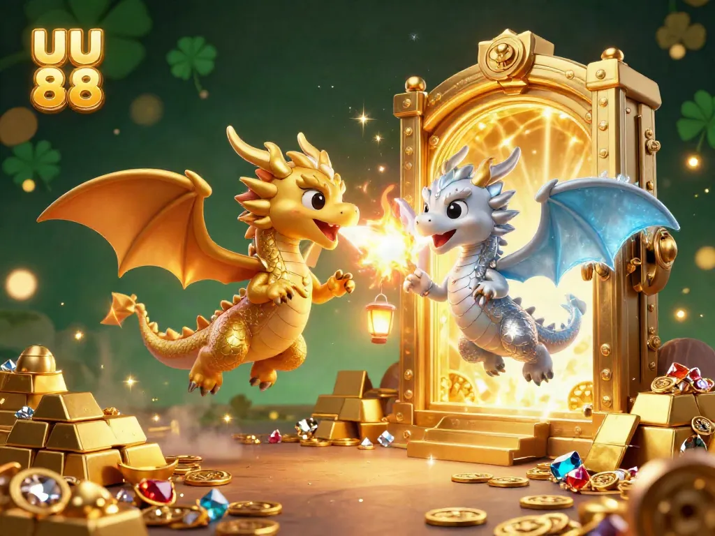 Engaging scene showcasing the exciting energy of uu 88 with animated dragons and sparkling treasure elements.