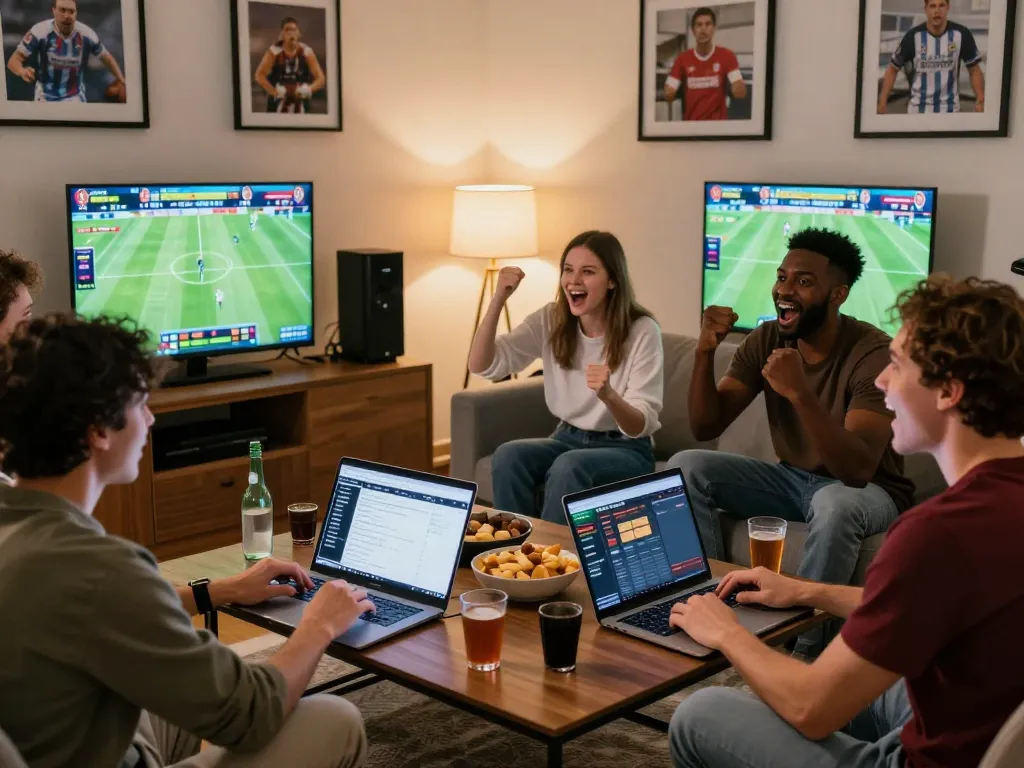 Friends enjoying vsbet sports betting at home with live match screens and snacks.