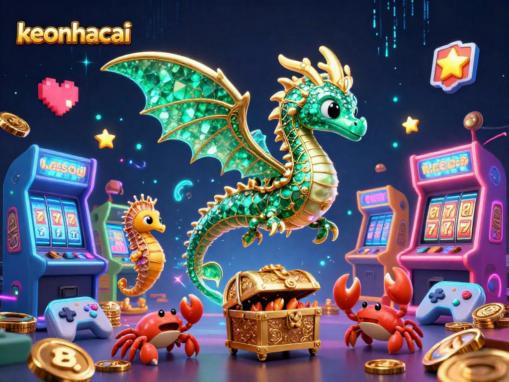 Engage in the vibrant keonhacai casino scene, featuring a dragon and slot game elements.