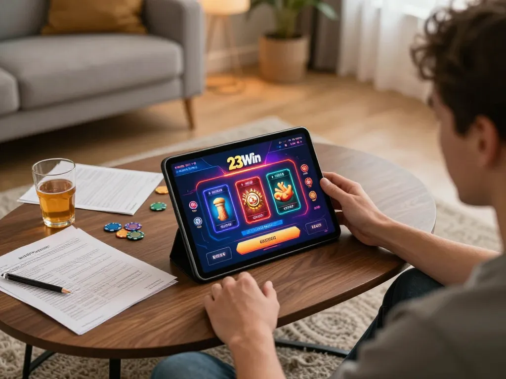 Player enjoys online gaming on 23Win tablet, surrounded by strategy notes and cozy decor.