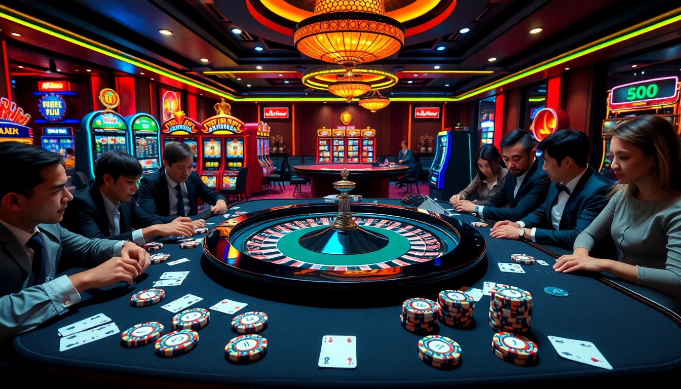 Engage in thrilling games at Sumclub's luxurious casino with vibrant roulette and branded slot machines.