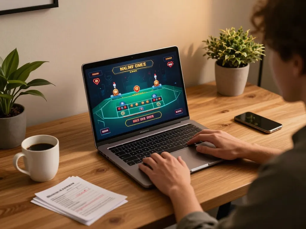 Engaged player enjoying HI88 live dealer games on laptop in cozy home setup.