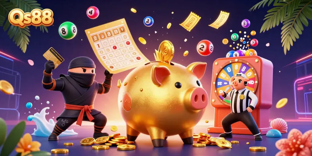 Enjoy the thrill of gaming with Qs88 - a colorful, dynamic casino illustration featuring a piggy bank sumo wrestler and more!