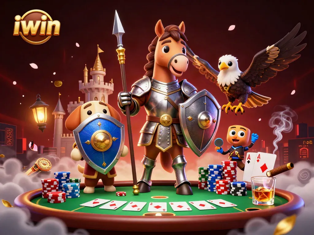 iwin knights battle it out at a poker table, showcasing chips and cards while a falcon adds flair.
