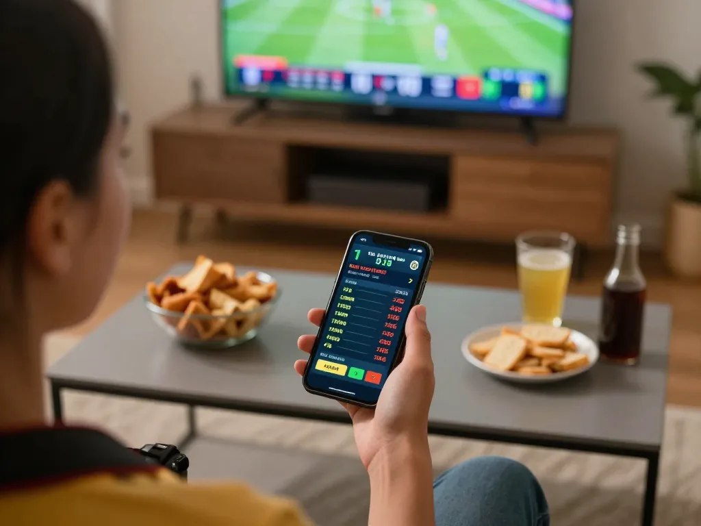 Dynamic online sports betting scene showcasing Link cập nhật sky88 on a smartphone while enjoying a live game at home.