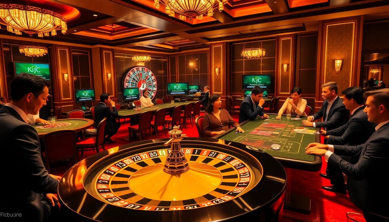 KJC players engaging in high-stakes gambling at a luxurious casino, surrounded by roulette and poker elements.