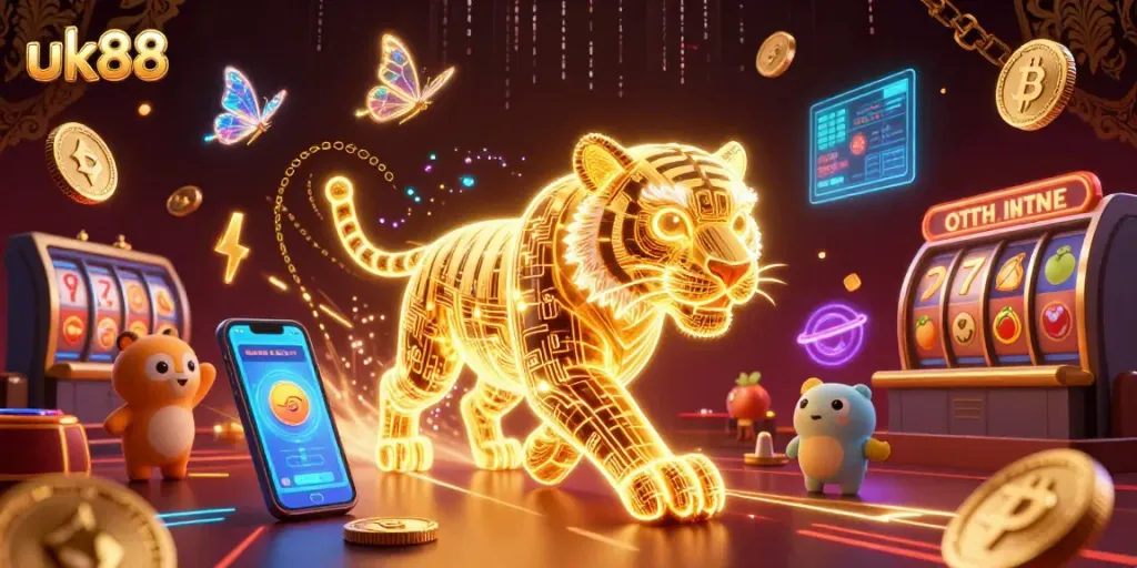 Join the excitement at uk88 with a vibrant digital casino scene showcasing a neon tiger and crypto elements.