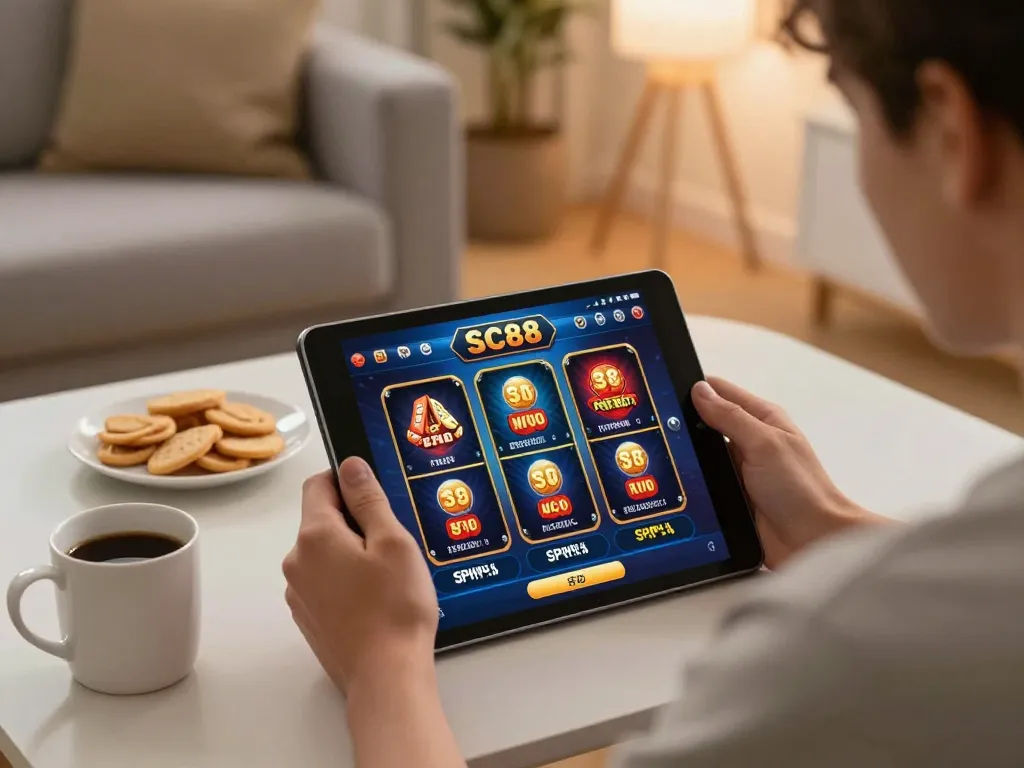 Engaged player exploring SC88 online casino games on a tablet, showcasing exciting gameplay and responsible gaming.