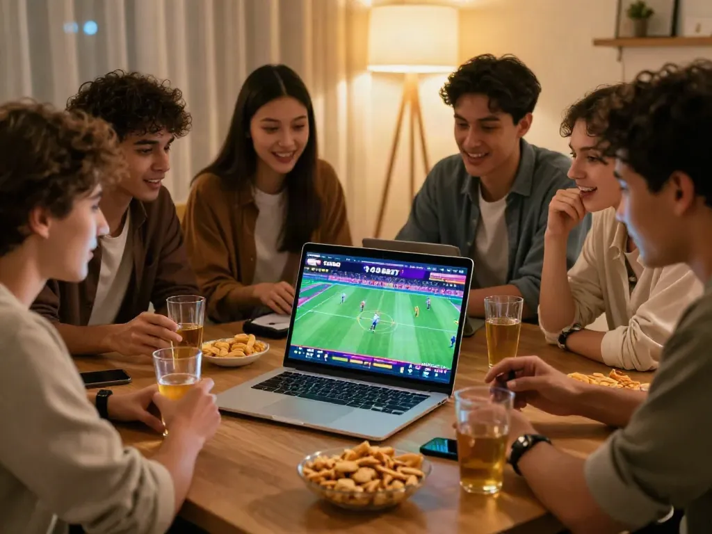Friends enjoying the 11 bet platform in a lively home setting.