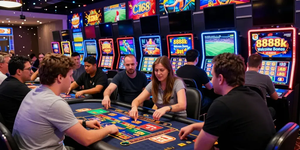Exciting C168 online gambling scene with players engaged at a live casino, showcasing vibrant atmosphere and promotions.