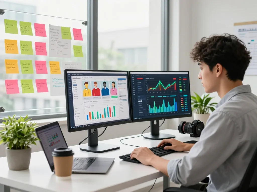 Dynamic digital marketing workspace with 8Day metrics and vibrant dashboards, capturing an energetic environment.
