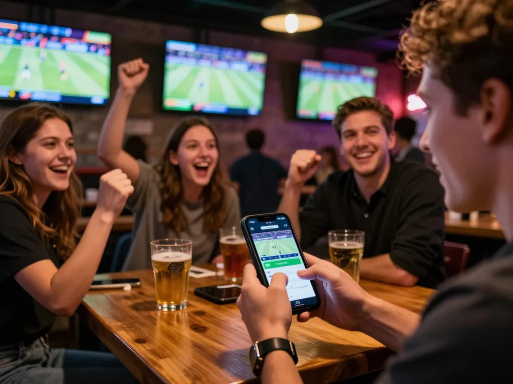 Engaged player using the ALO8 app for live sports betting amidst friends in an exciting bar setting.