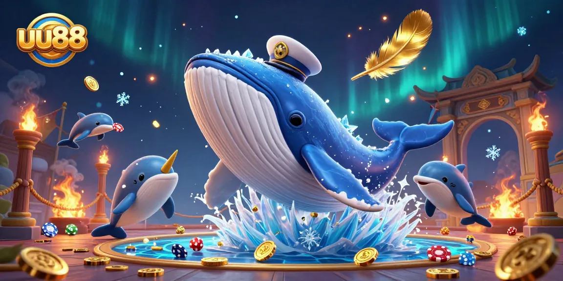 uu88 brings thrilling casino excitement with a cartoon whale and playful dolphins amidst a dynamic scene.